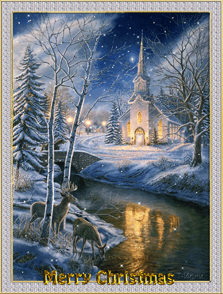 Merry Christmas! ночь, церквушка, река и олени