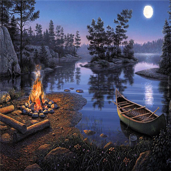Ночь, костер на берегу реки, луна