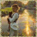 Девушка с щенком у реки