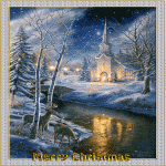 Merry Christmas! ночь, церквушка, река и олени