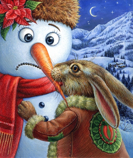 Снеговик, заяц и морковка
