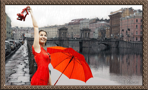 Девушка в красном под дождем
