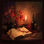 Свеча, букет цветов, вино и книга