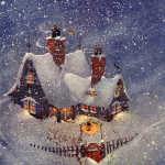 Заснеженный домик,фонарь на ветру, снегопад